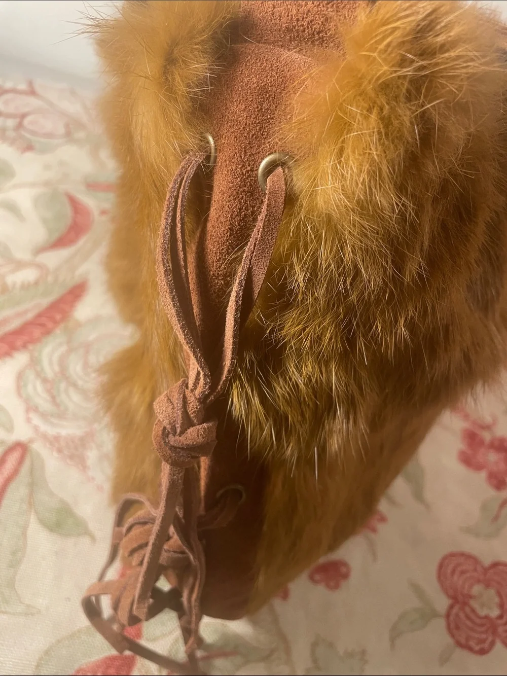 FEFA Suede Side  Fringe Rabbit Fur Hobo Bag in Chestnut Brown